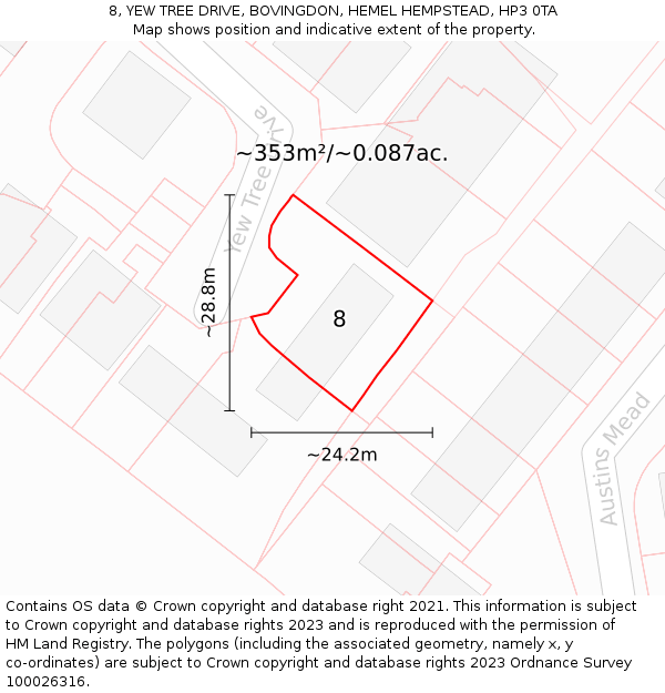 8, YEW TREE DRIVE, BOVINGDON, HEMEL HEMPSTEAD, HP3 0TA: Plot and title map