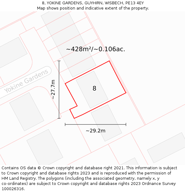 8, YOKINE GARDENS, GUYHIRN, WISBECH, PE13 4EY: Plot and title map