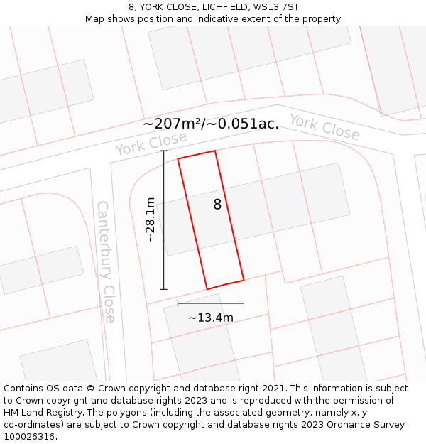 8, YORK CLOSE, LICHFIELD, WS13 7ST: Plot and title map
