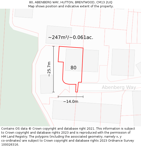 80, ABENBERG WAY, HUTTON, BRENTWOOD, CM13 2UQ: Plot and title map