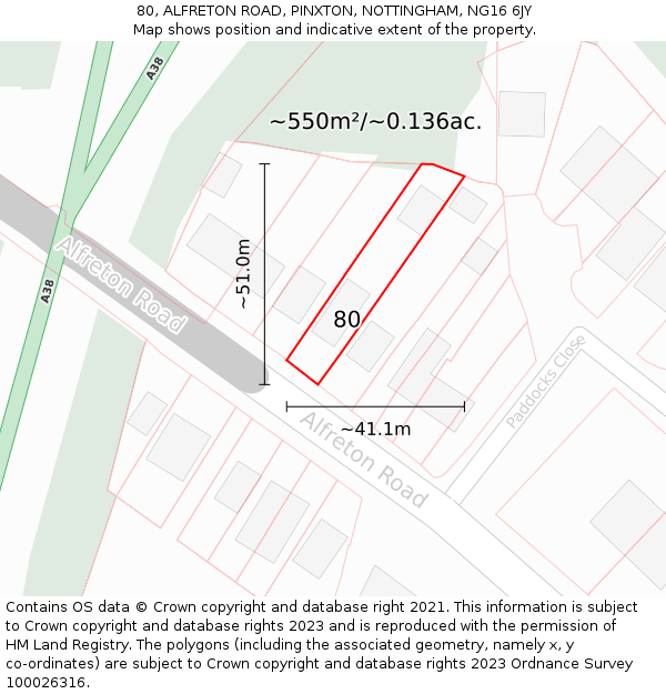 80, ALFRETON ROAD, PINXTON, NOTTINGHAM, NG16 6JY: Plot and title map