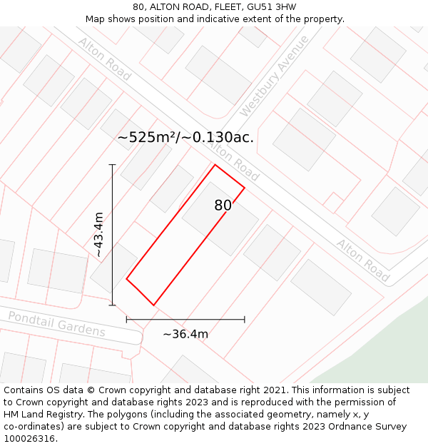 80, ALTON ROAD, FLEET, GU51 3HW: Plot and title map