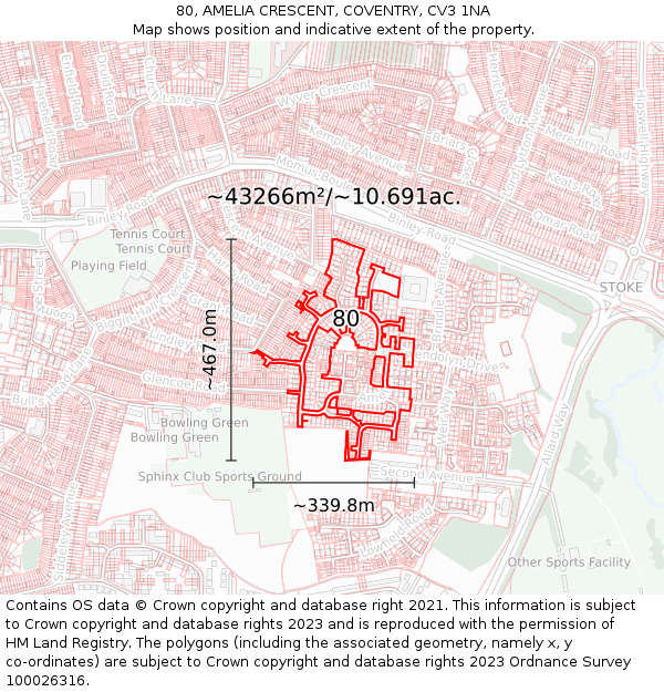 80, AMELIA CRESCENT, COVENTRY, CV3 1NA: Plot and title map