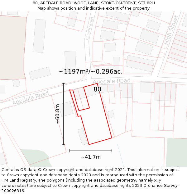 80, APEDALE ROAD, WOOD LANE, STOKE-ON-TRENT, ST7 8PH: Plot and title map
