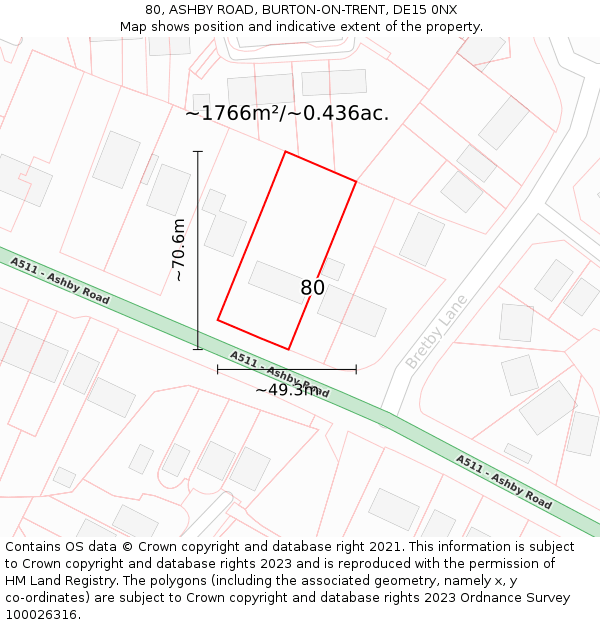 80, ASHBY ROAD, BURTON-ON-TRENT, DE15 0NX: Plot and title map