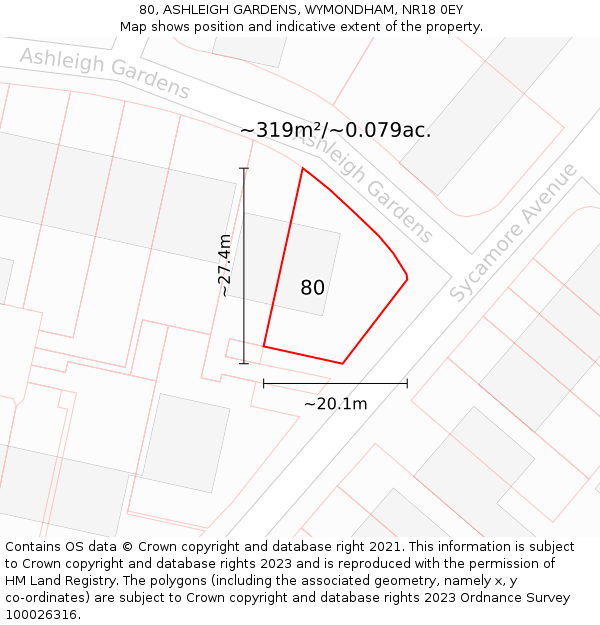 80, ASHLEIGH GARDENS, WYMONDHAM, NR18 0EY: Plot and title map