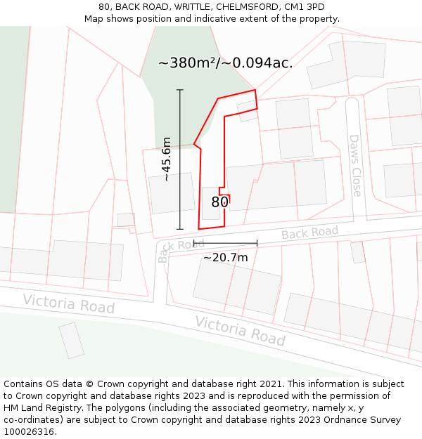 80, BACK ROAD, WRITTLE, CHELMSFORD, CM1 3PD: Plot and title map