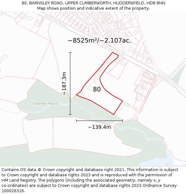 80, BARNSLEY ROAD, UPPER CUMBERWORTH, HUDDERSFIELD, HD8 8NN: Plot and title map