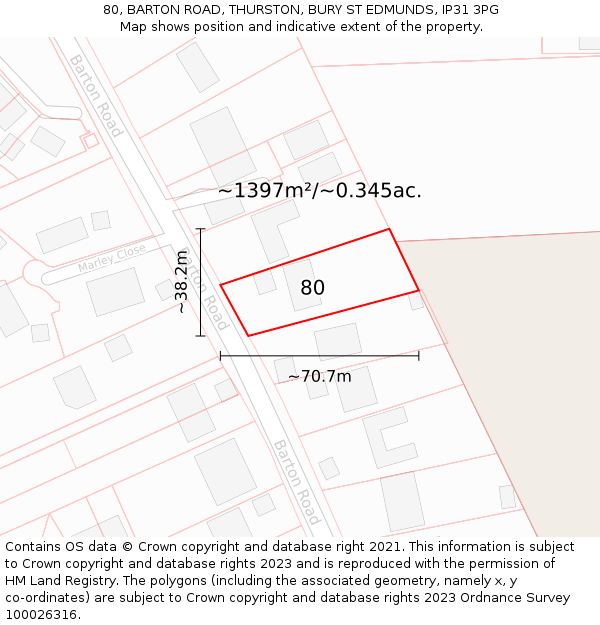 80, BARTON ROAD, THURSTON, BURY ST EDMUNDS, IP31 3PG: Plot and title map