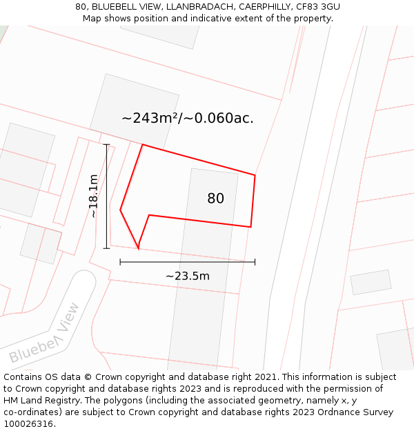 80, BLUEBELL VIEW, LLANBRADACH, CAERPHILLY, CF83 3GU: Plot and title map