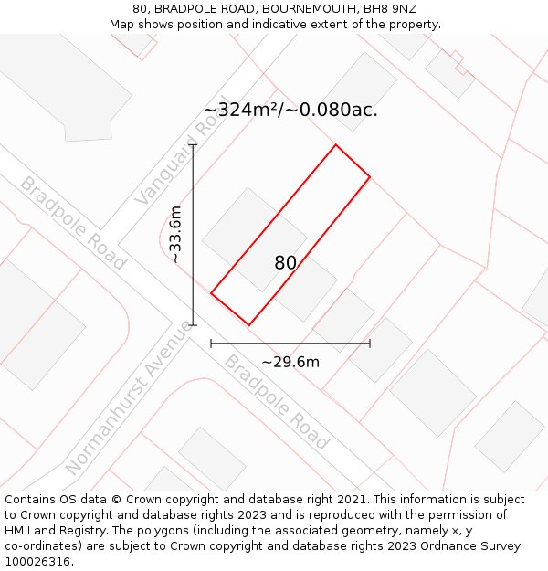80, BRADPOLE ROAD, BOURNEMOUTH, BH8 9NZ: Plot and title map