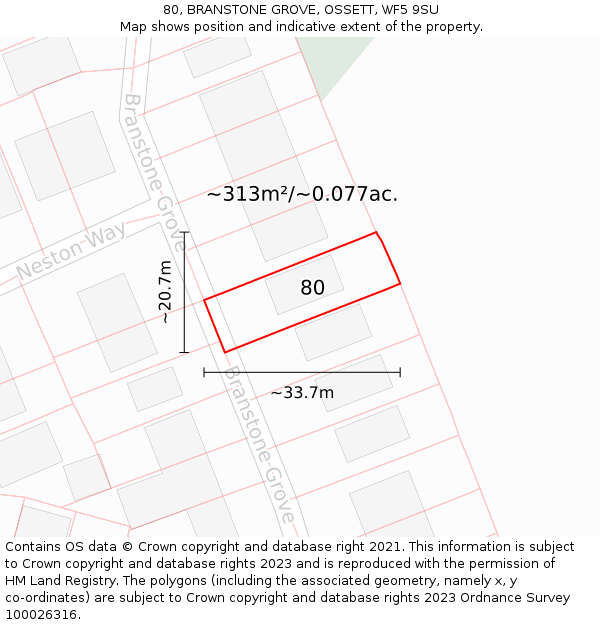 80, BRANSTONE GROVE, OSSETT, WF5 9SU: Plot and title map