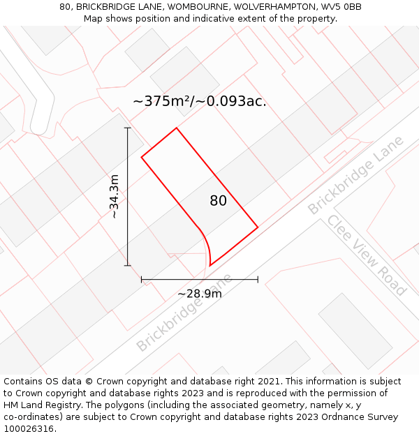 80, BRICKBRIDGE LANE, WOMBOURNE, WOLVERHAMPTON, WV5 0BB: Plot and title map