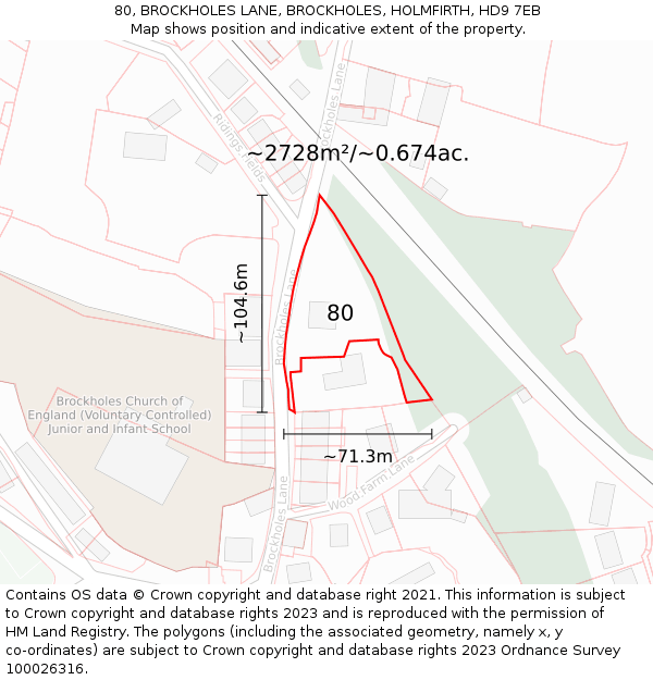 80, BROCKHOLES LANE, BROCKHOLES, HOLMFIRTH, HD9 7EB: Plot and title map