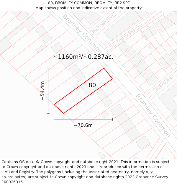80, BROMLEY COMMON, BROMLEY, BR2 9PF: Plot and title map