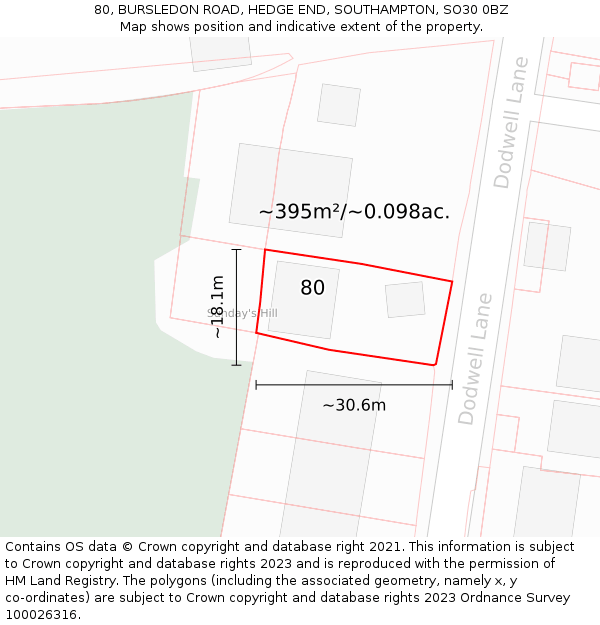 80, BURSLEDON ROAD, HEDGE END, SOUTHAMPTON, SO30 0BZ: Plot and title map
