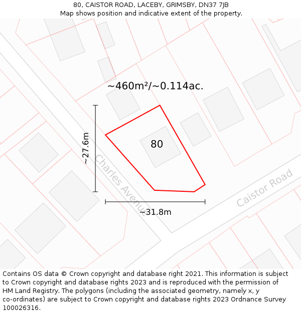 80, CAISTOR ROAD, LACEBY, GRIMSBY, DN37 7JB: Plot and title map