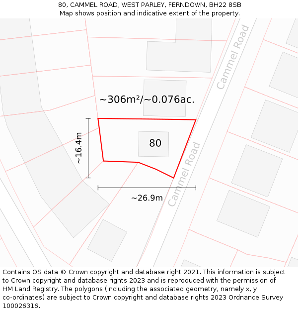 80, CAMMEL ROAD, WEST PARLEY, FERNDOWN, BH22 8SB: Plot and title map