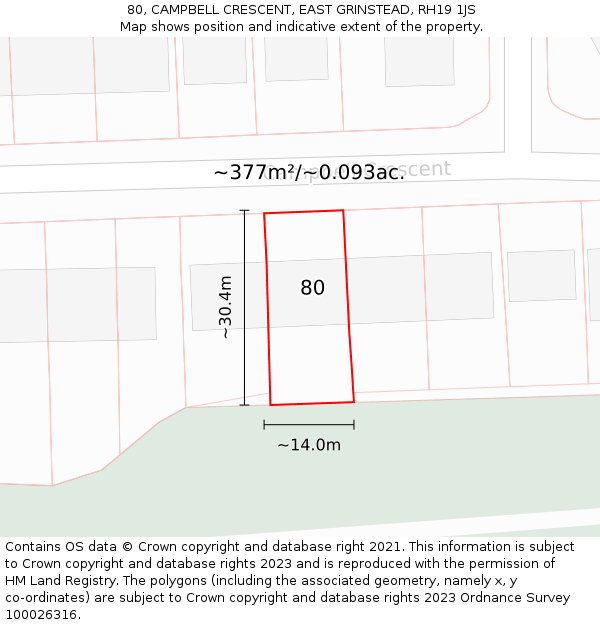 80, CAMPBELL CRESCENT, EAST GRINSTEAD, RH19 1JS: Plot and title map