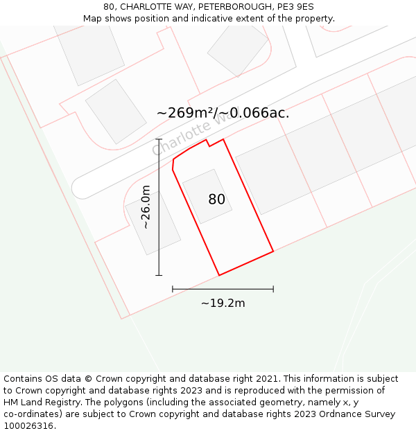80, CHARLOTTE WAY, PETERBOROUGH, PE3 9ES: Plot and title map