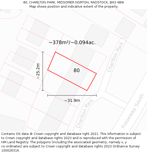 80, CHARLTON PARK, MIDSOMER NORTON, RADSTOCK, BA3 4BW: Plot and title map