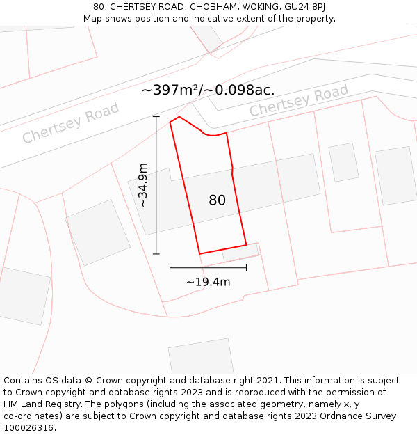 80, CHERTSEY ROAD, CHOBHAM, WOKING, GU24 8PJ: Plot and title map
