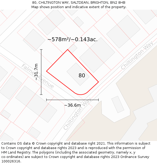 80, CHILTINGTON WAY, SALTDEAN, BRIGHTON, BN2 8HB: Plot and title map