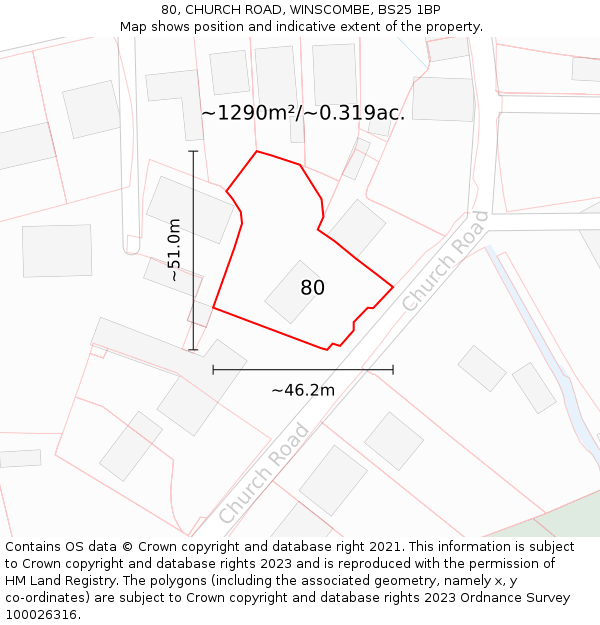 80, CHURCH ROAD, WINSCOMBE, BS25 1BP: Plot and title map