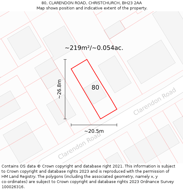 80, CLARENDON ROAD, CHRISTCHURCH, BH23 2AA: Plot and title map