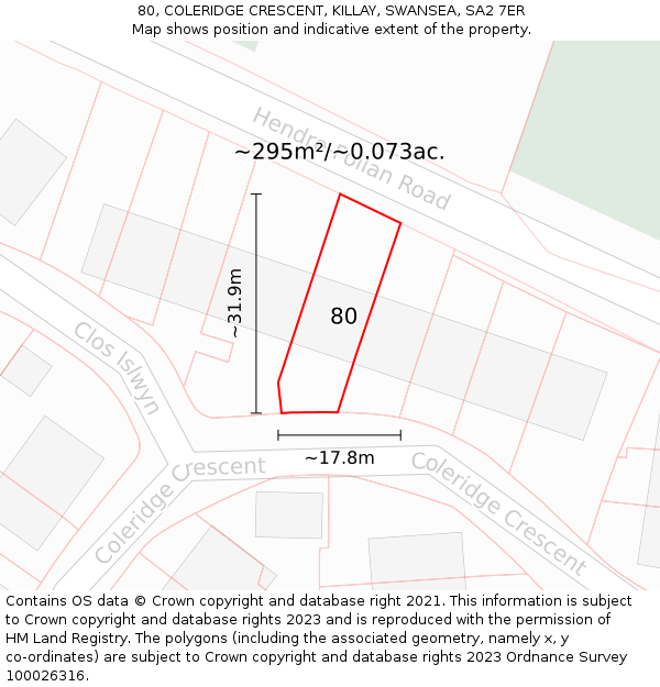 80, COLERIDGE CRESCENT, KILLAY, SWANSEA, SA2 7ER: Plot and title map