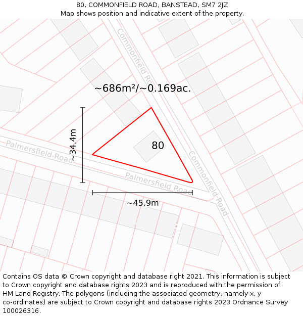 80, COMMONFIELD ROAD, BANSTEAD, SM7 2JZ: Plot and title map