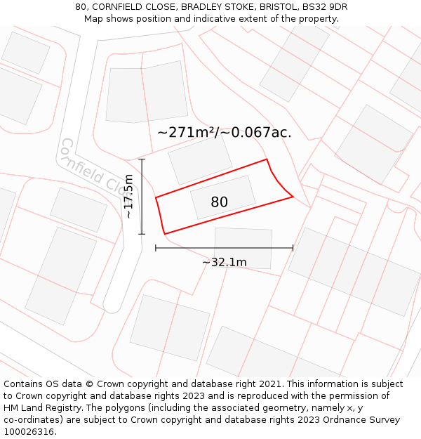 80, CORNFIELD CLOSE, BRADLEY STOKE, BRISTOL, BS32 9DR: Plot and title map