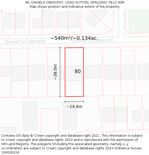 80, DANIELS CRESCENT, LONG SUTTON, SPALDING, PE12 9DR: Plot and title map