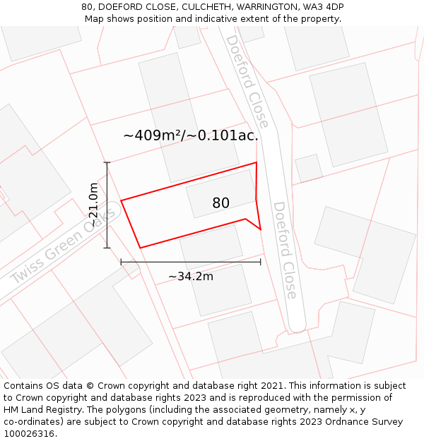 80, DOEFORD CLOSE, CULCHETH, WARRINGTON, WA3 4DP: Plot and title map