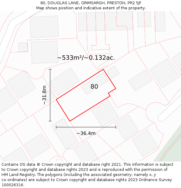 80, DOUGLAS LANE, GRIMSARGH, PRESTON, PR2 5JF: Plot and title map