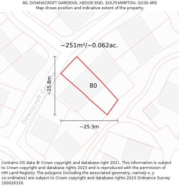 80, DOWNSCROFT GARDENS, HEDGE END, SOUTHAMPTON, SO30 4RS: Plot and title map