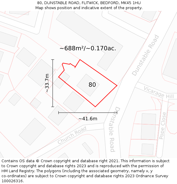 80, DUNSTABLE ROAD, FLITWICK, BEDFORD, MK45 1HU: Plot and title map