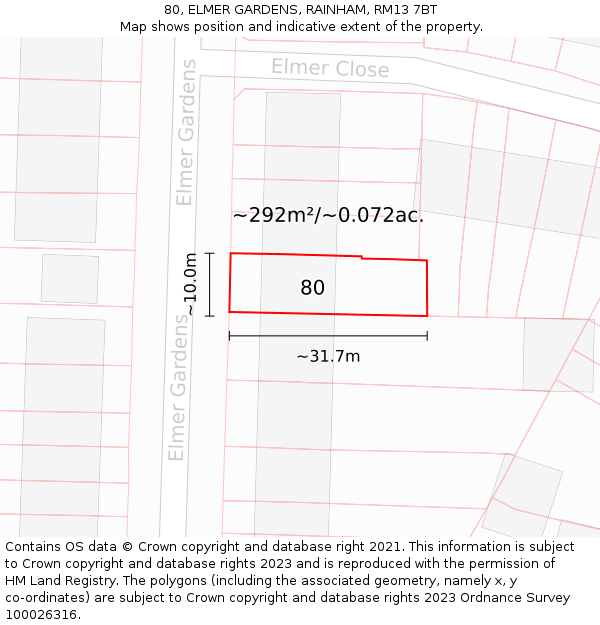 80, ELMER GARDENS, RAINHAM, RM13 7BT: Plot and title map