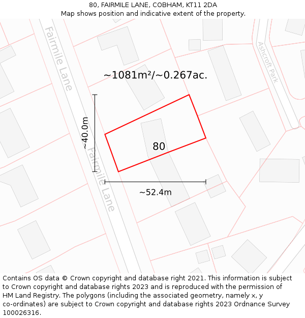 80, FAIRMILE LANE, COBHAM, KT11 2DA: Plot and title map