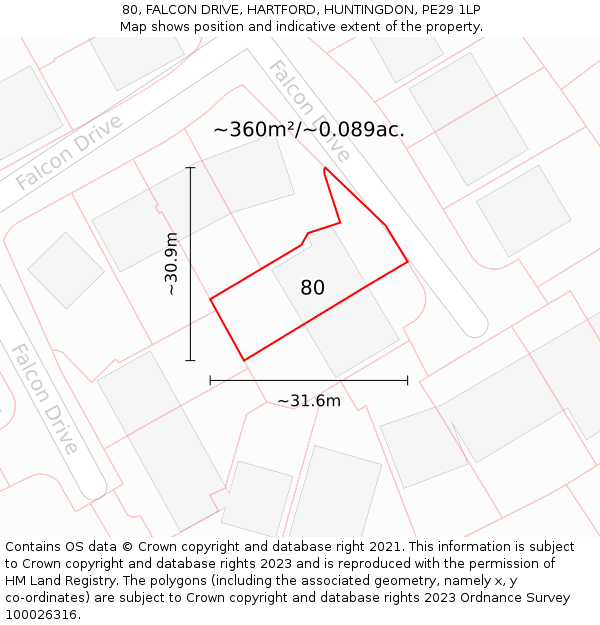 80, FALCON DRIVE, HARTFORD, HUNTINGDON, PE29 1LP: Plot and title map