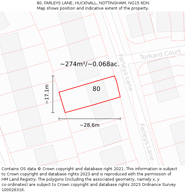 80, FARLEYS LANE, HUCKNALL, NOTTINGHAM, NG15 6DN: Plot and title map