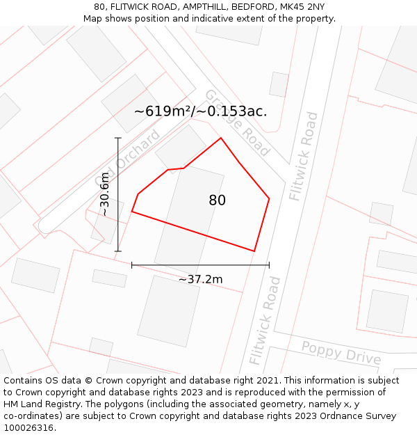 80, FLITWICK ROAD, AMPTHILL, BEDFORD, MK45 2NY: Plot and title map
