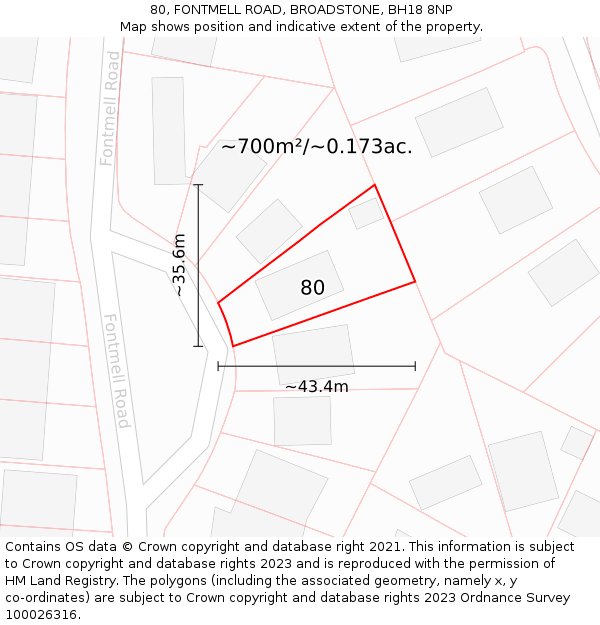 80, FONTMELL ROAD, BROADSTONE, BH18 8NP: Plot and title map