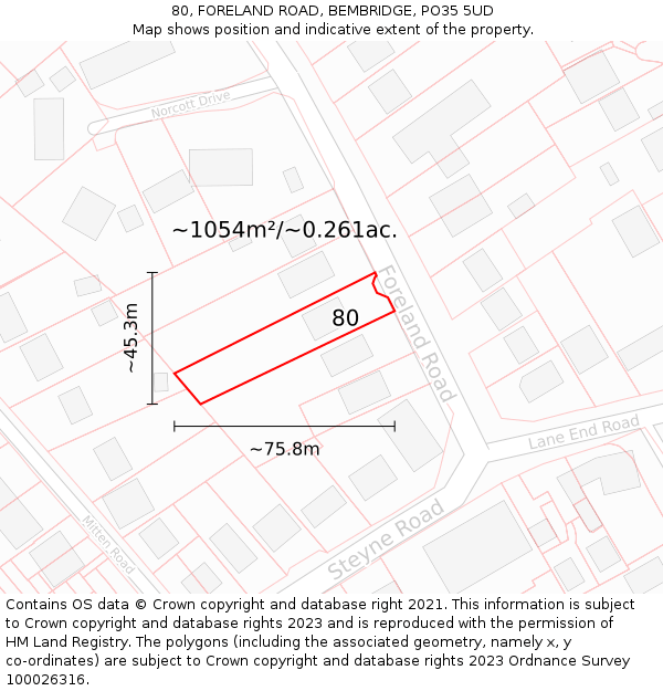 80, FORELAND ROAD, BEMBRIDGE, PO35 5UD: Plot and title map