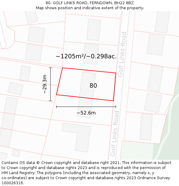 80, GOLF LINKS ROAD, FERNDOWN, BH22 8BZ: Plot and title map
