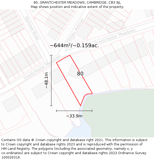 80, GRANTCHESTER MEADOWS, CAMBRIDGE, CB3 9JL: Plot and title map