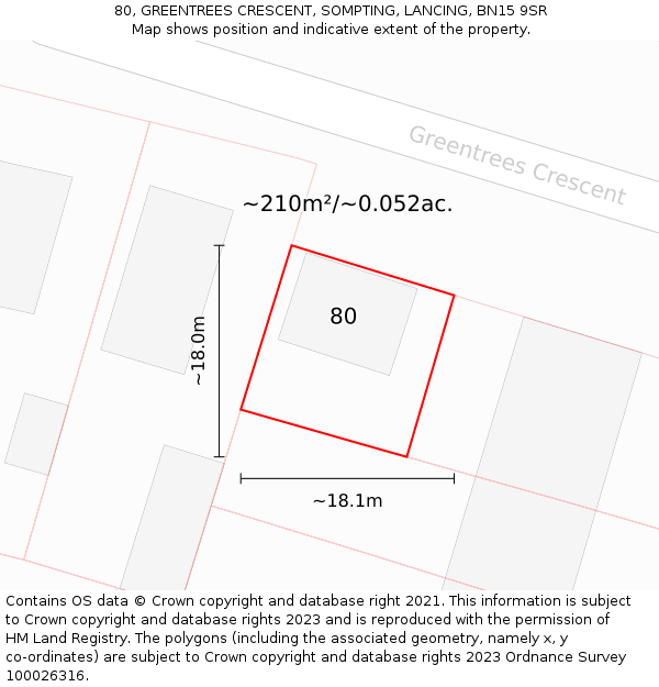 80, GREENTREES CRESCENT, SOMPTING, LANCING, BN15 9SR: Plot and title map