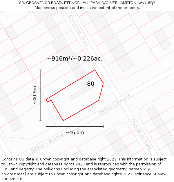 80, GROSVENOR ROAD, ETTINGSHALL PARK, WOLVERHAMPTON, WV4 6QY: Plot and title map