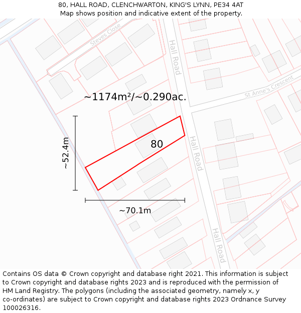 80, HALL ROAD, CLENCHWARTON, KING'S LYNN, PE34 4AT: Plot and title map