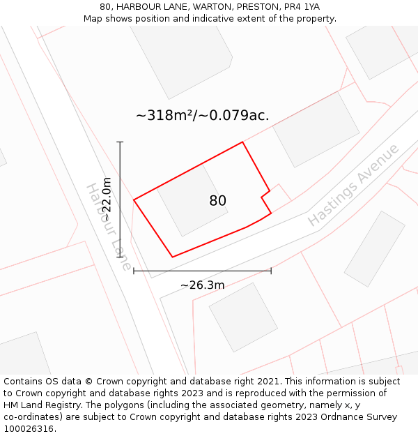 80, HARBOUR LANE, WARTON, PRESTON, PR4 1YA: Plot and title map